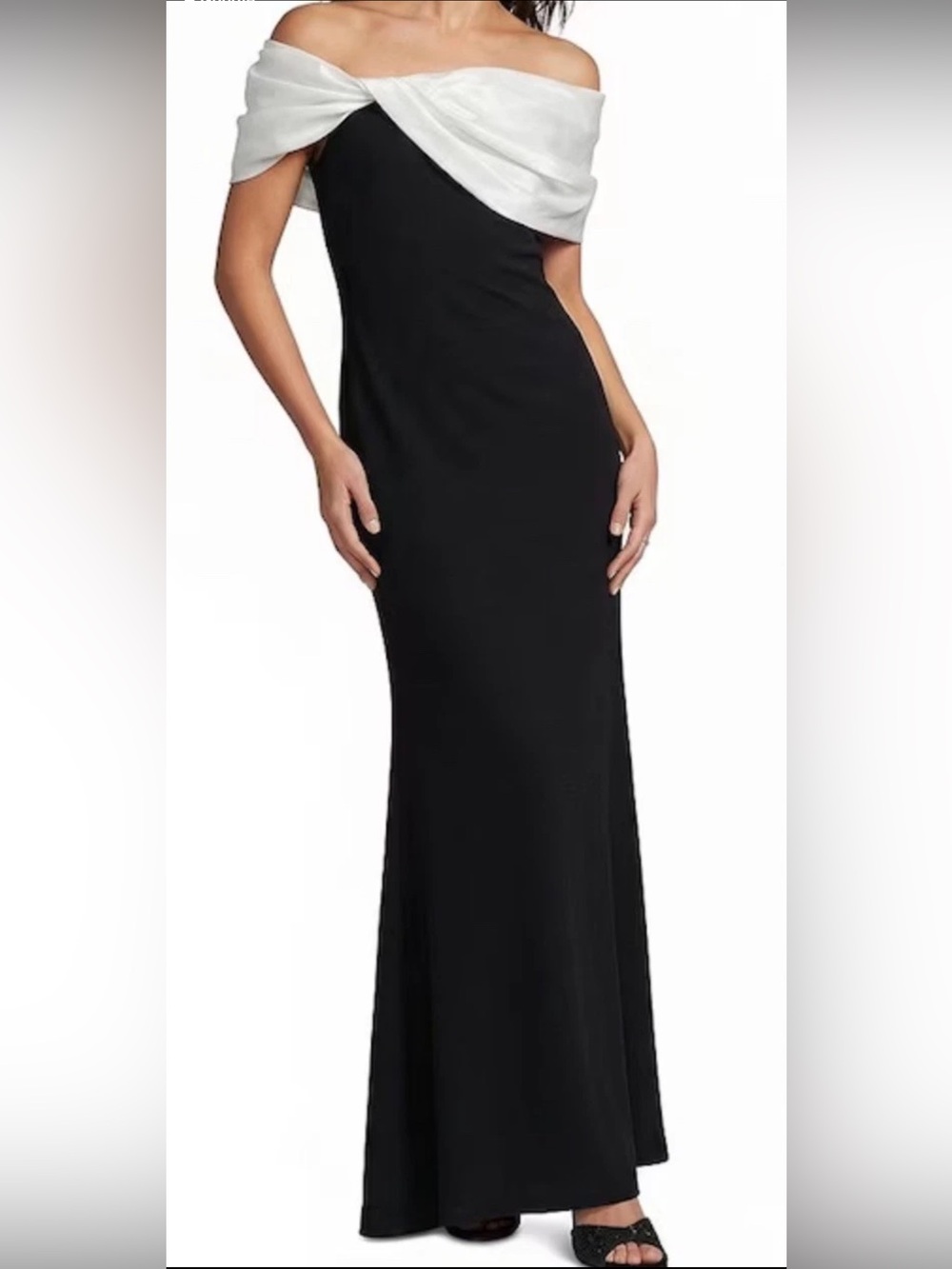 Betsey & Adam NWT Retro Black & White Off Shoulder Maxi Evening Gown (0858) - Picture 2 of 11